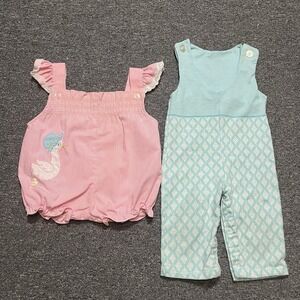 Vintage Health-Tex &‎ Tiny Tots Baby Romper Lot Pink Goose & Aqua Diamond 12–18M